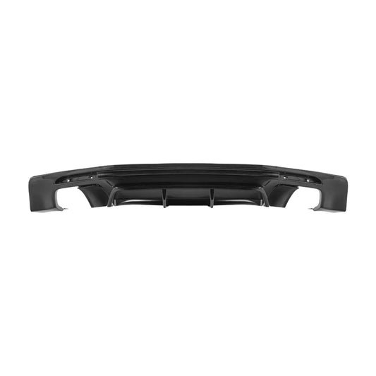 Black rear bumper diffuser with central fins and vented sections