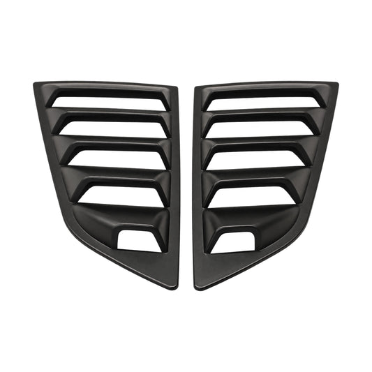 Black rear side window louver cover pair with curved base and vent cutouts