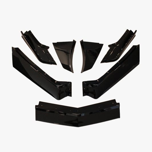 Front splitter kit with multiple glossy black aerodynamic fins and lip pieces
