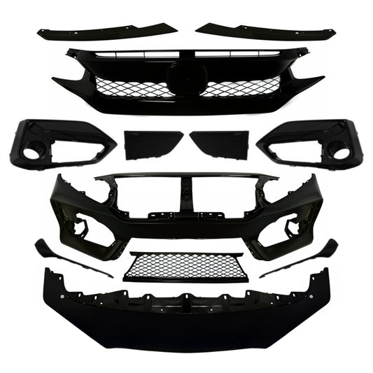 Front bumper conversion kit components for Honda Civic Type R, black plastic parts