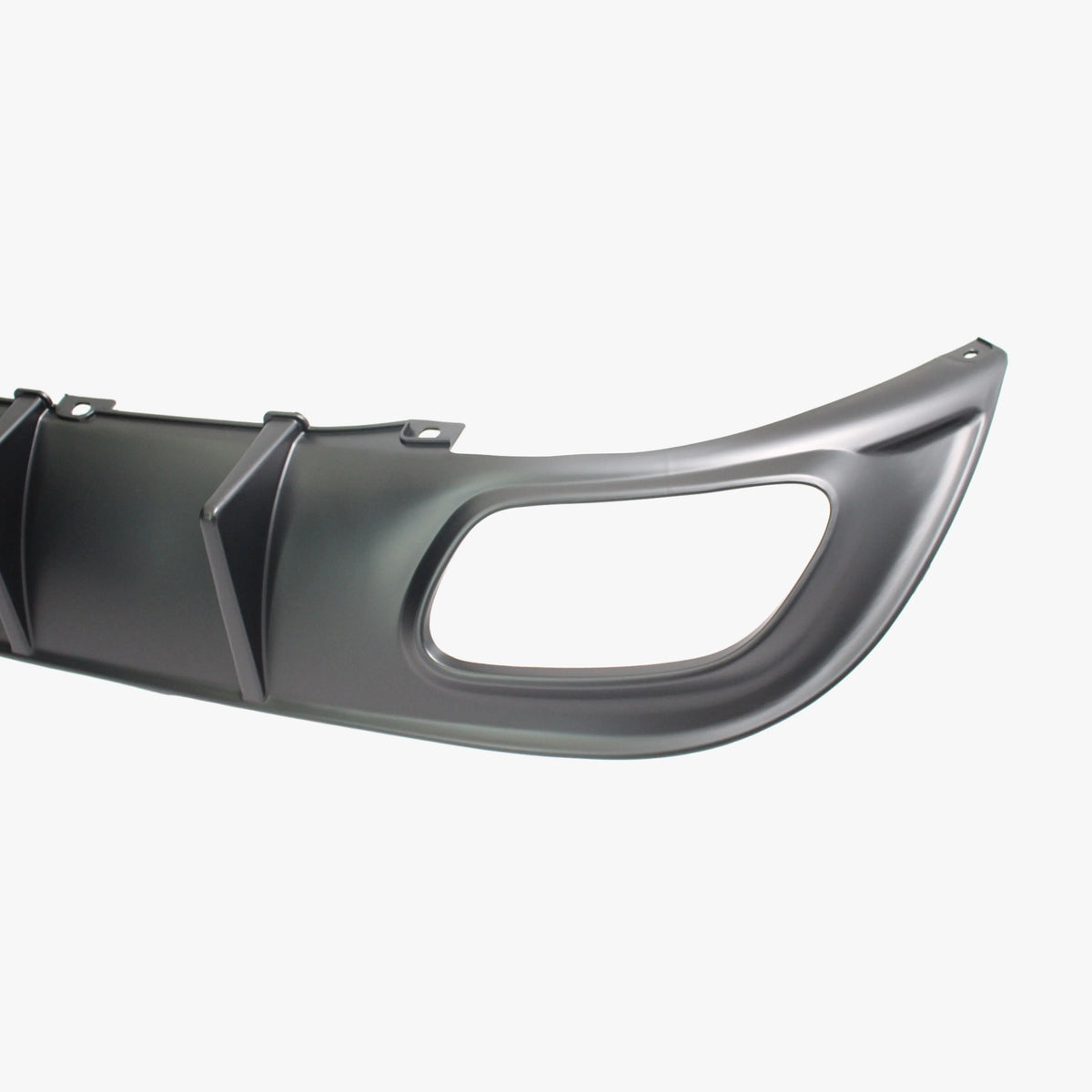 Rear bumper diffuser corner, dark gray with oval light opening and angled fins