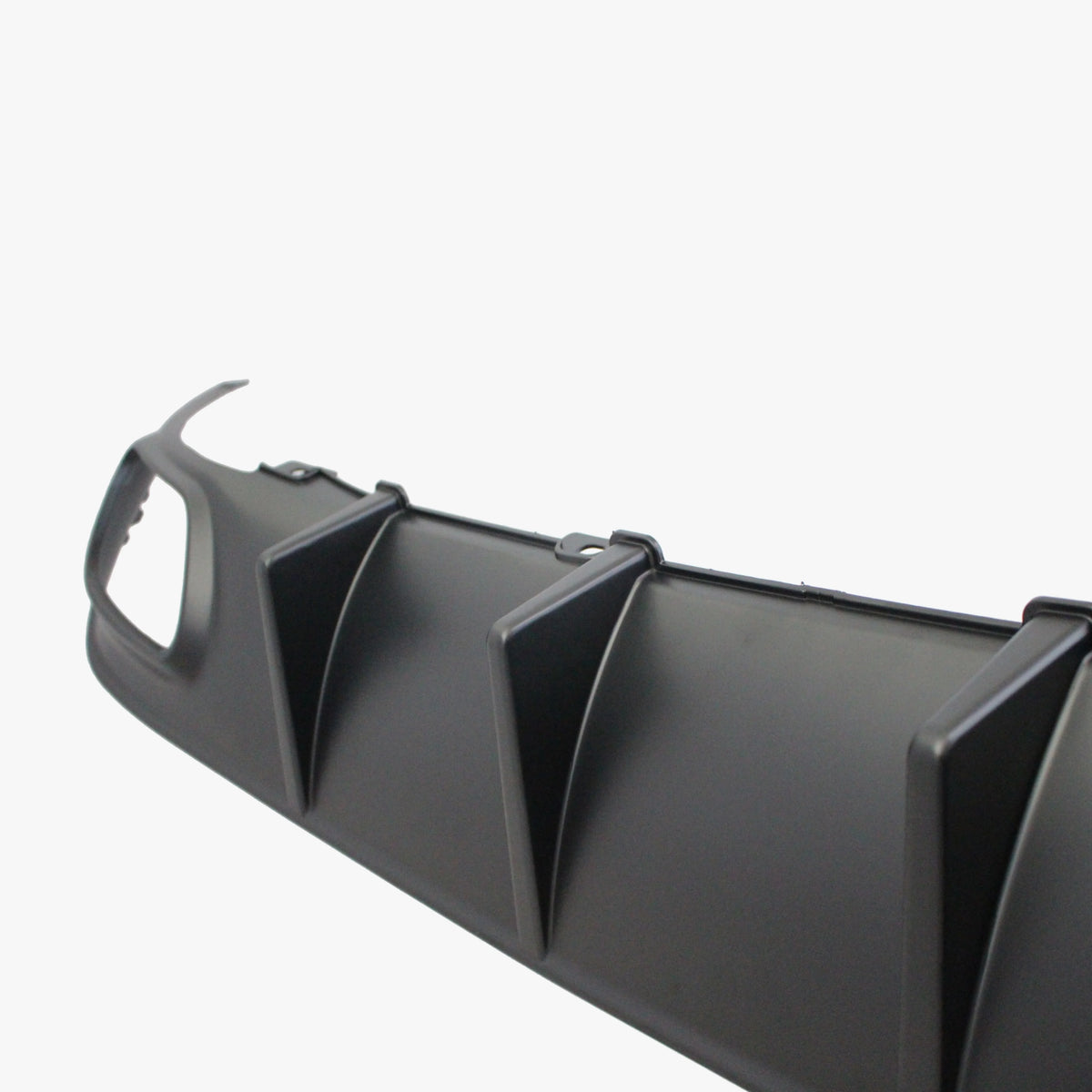 Rear bumper diffuser, dark gray with oval cutout and three-panel fin structure