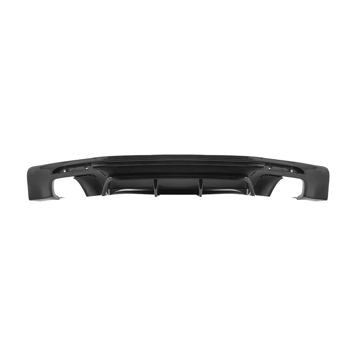 Black rear bumper diffuser with central fins and vented sections