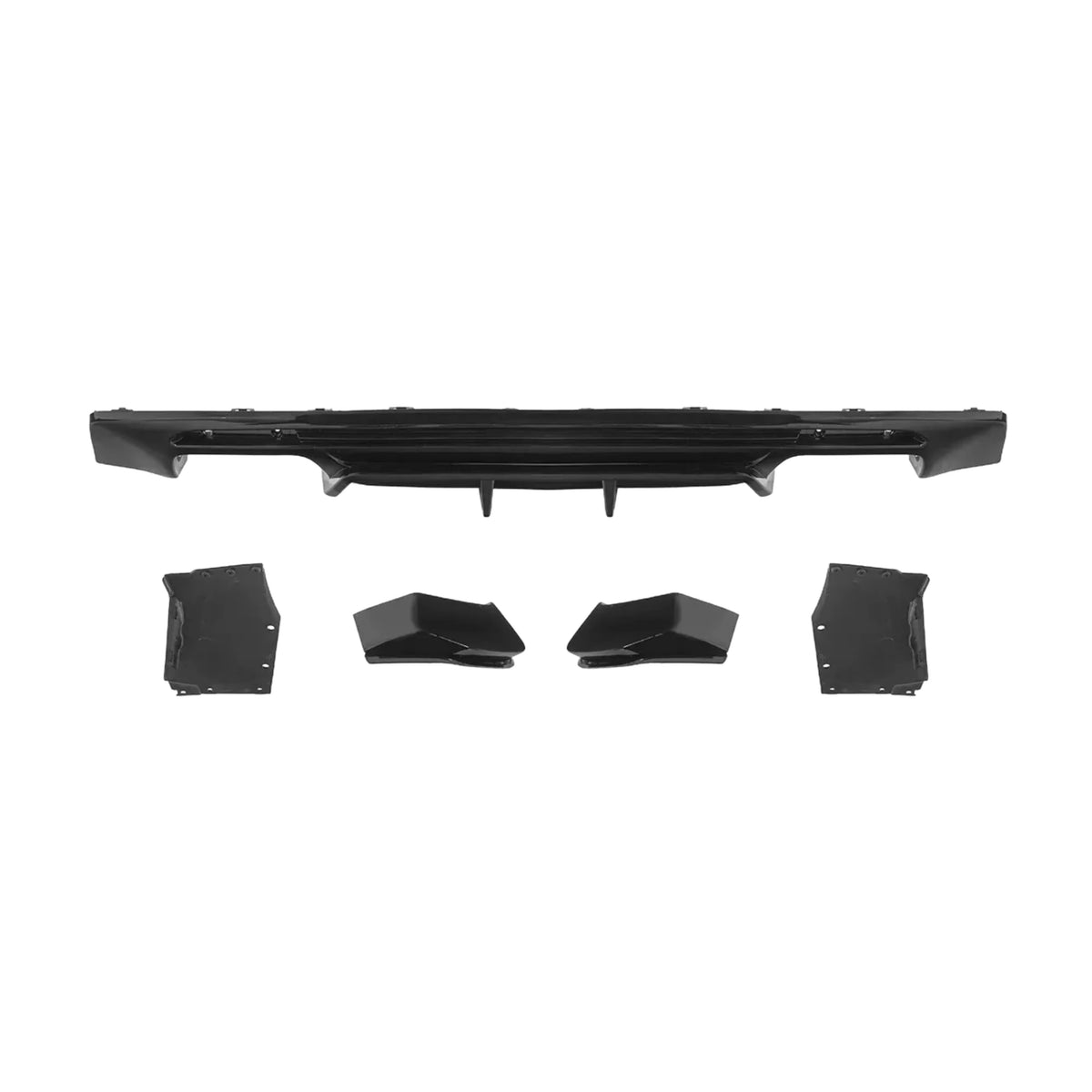 Black rear bumper diffuser with matching trim brackets, performance style kit