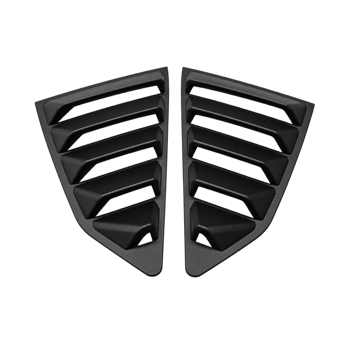 Black rear side window louver set with horizontal vent bars and center divider