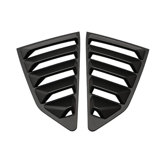 Black rear side window louver set with horizontal vent bars and center divider