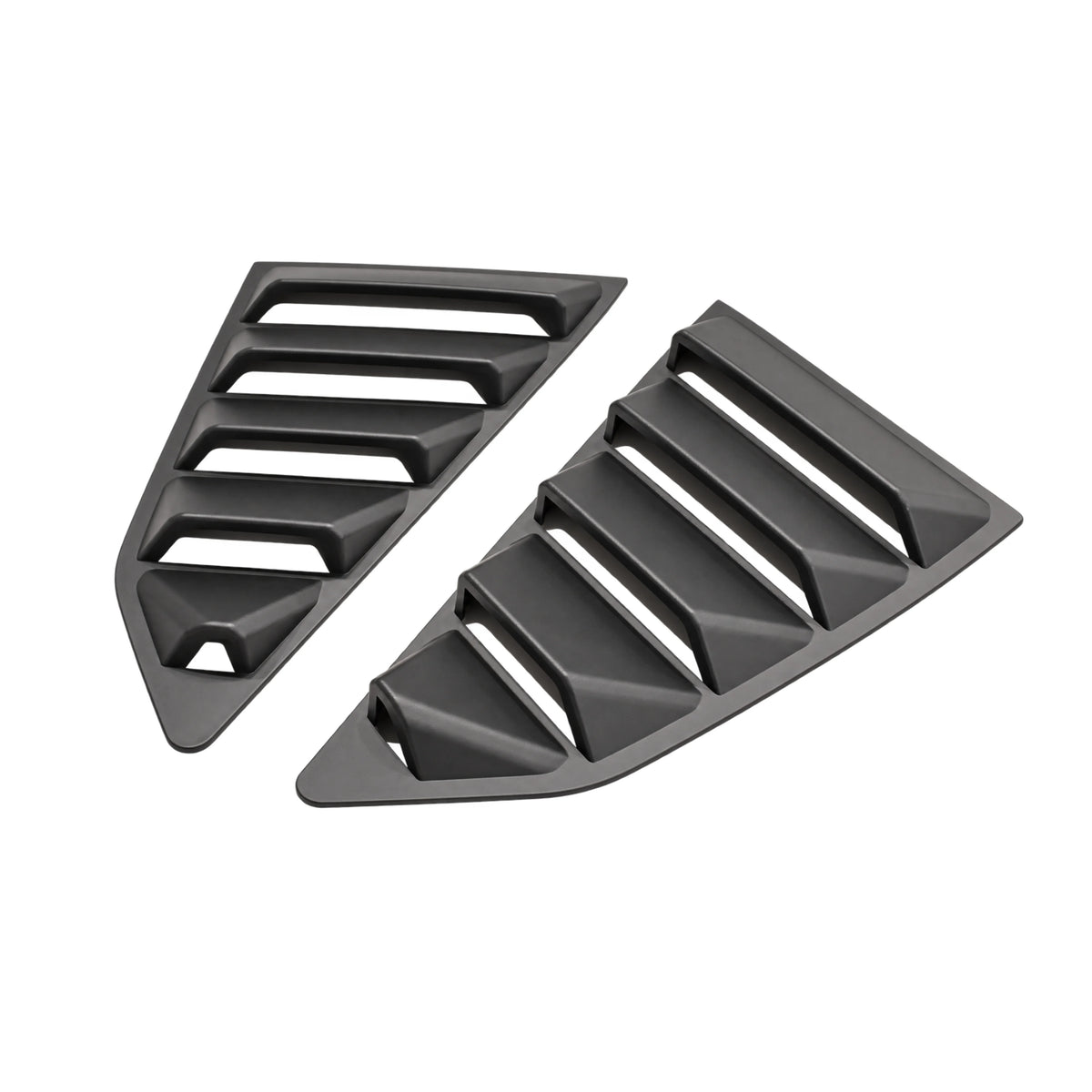 Two-piece black rear side window louver vents, angled, with horizontal bars