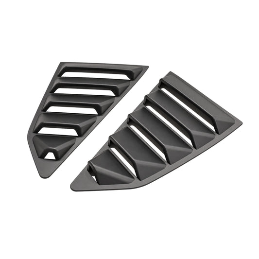 Two-piece black rear side window louver vents, angled, with horizontal bars