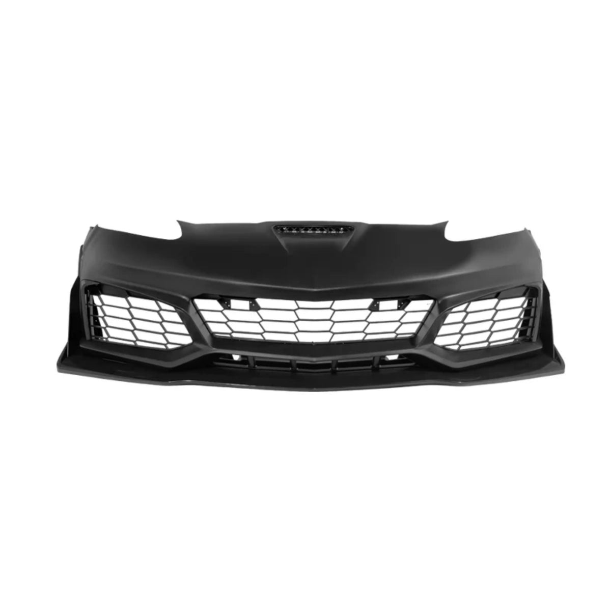 Black front bumper replacement cover with central grille and mesh openings