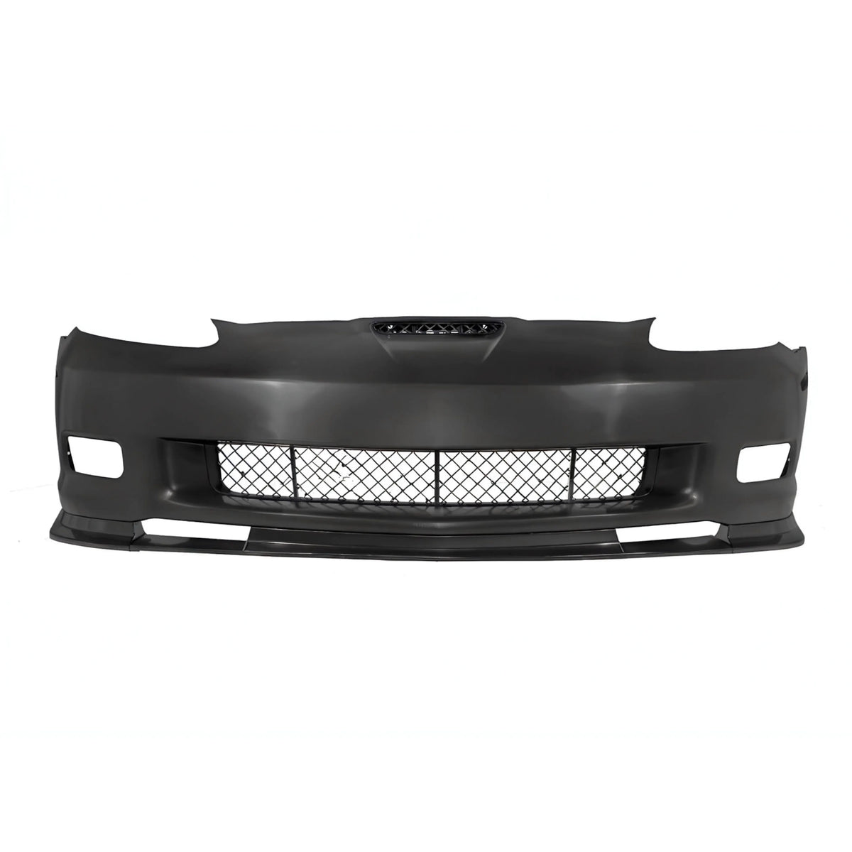 Black front bumper replacement cover with mesh grille insert and mounting cutouts