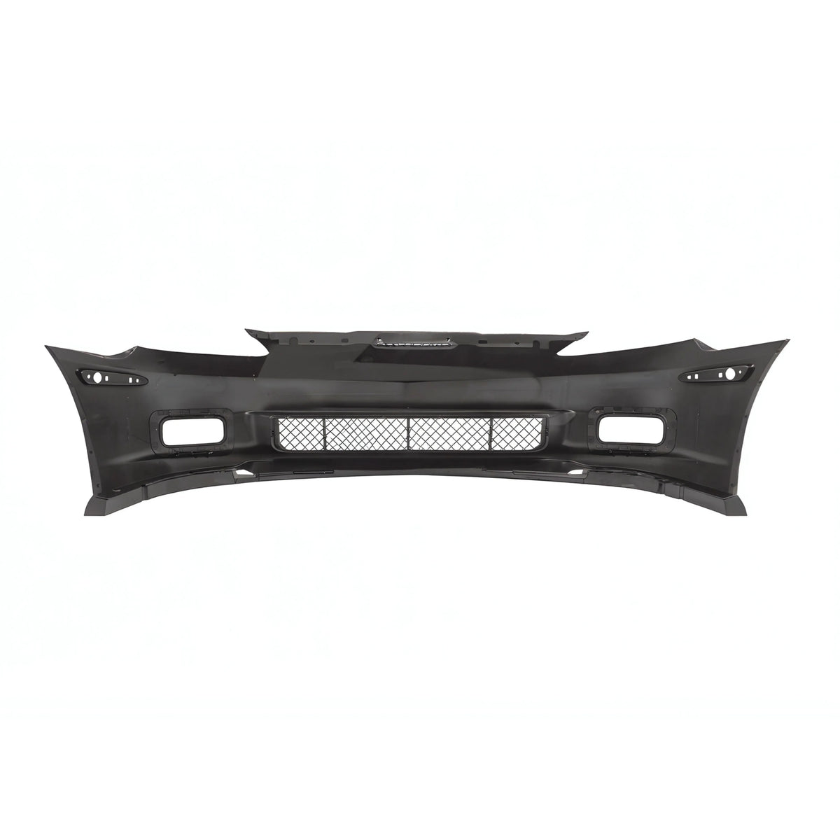 Black front bumper replacement cover with mesh grille and side vent openings