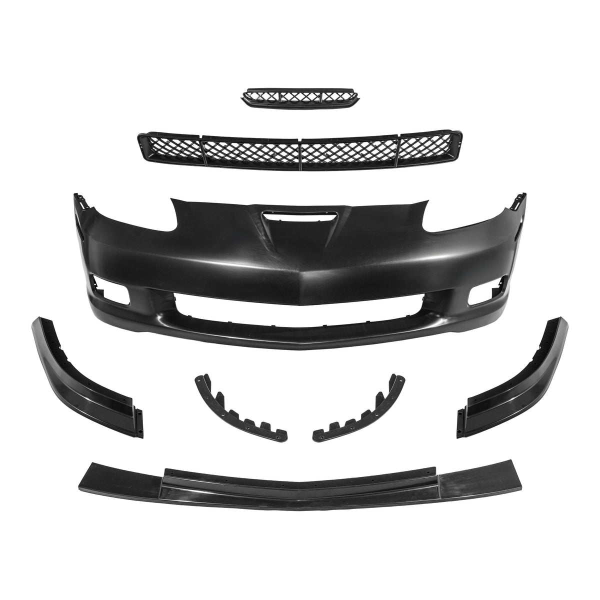 Set of black front bumper replacement cover parts with grille and splitter pieces