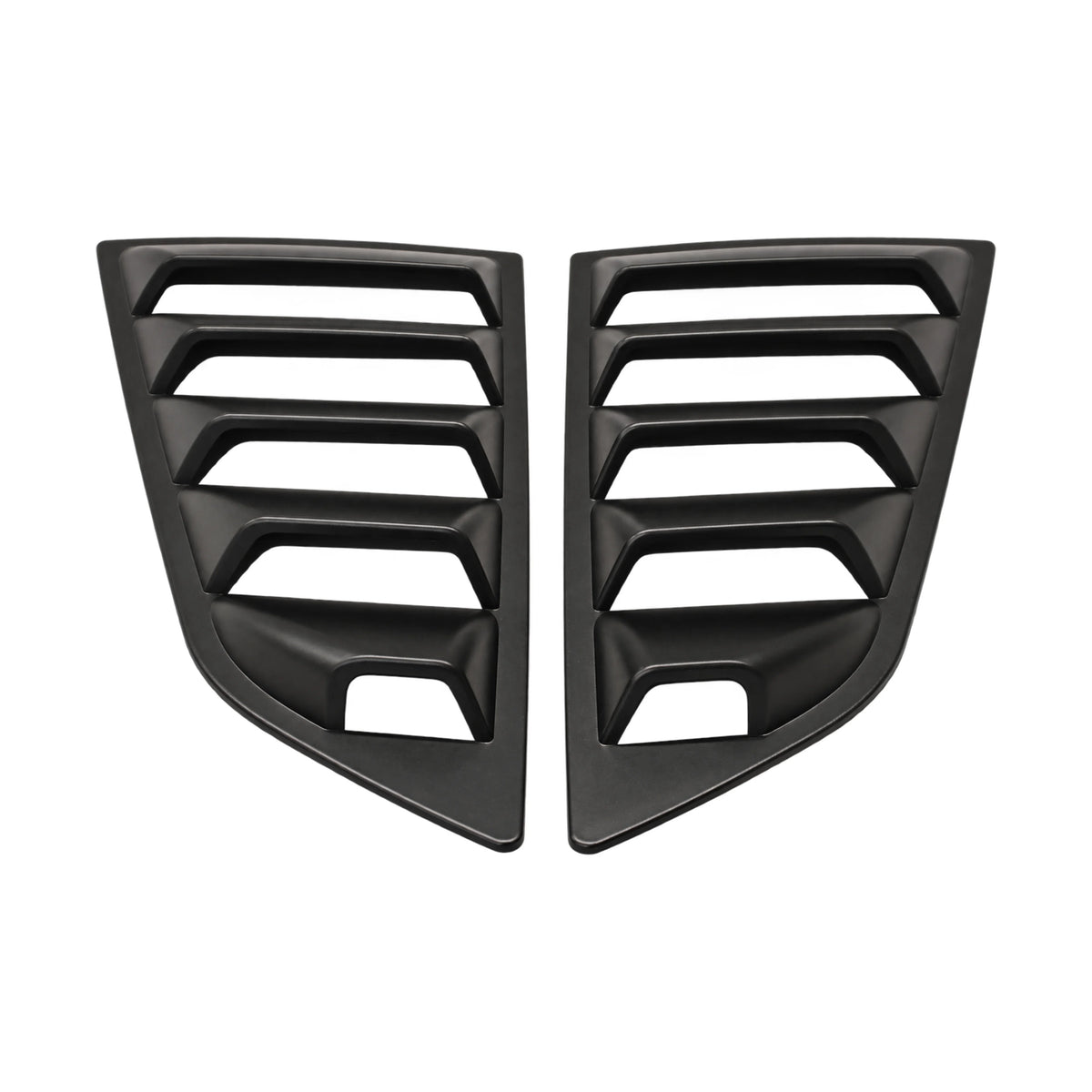 Black rear side window louver cover pair with curved base and vent cutouts