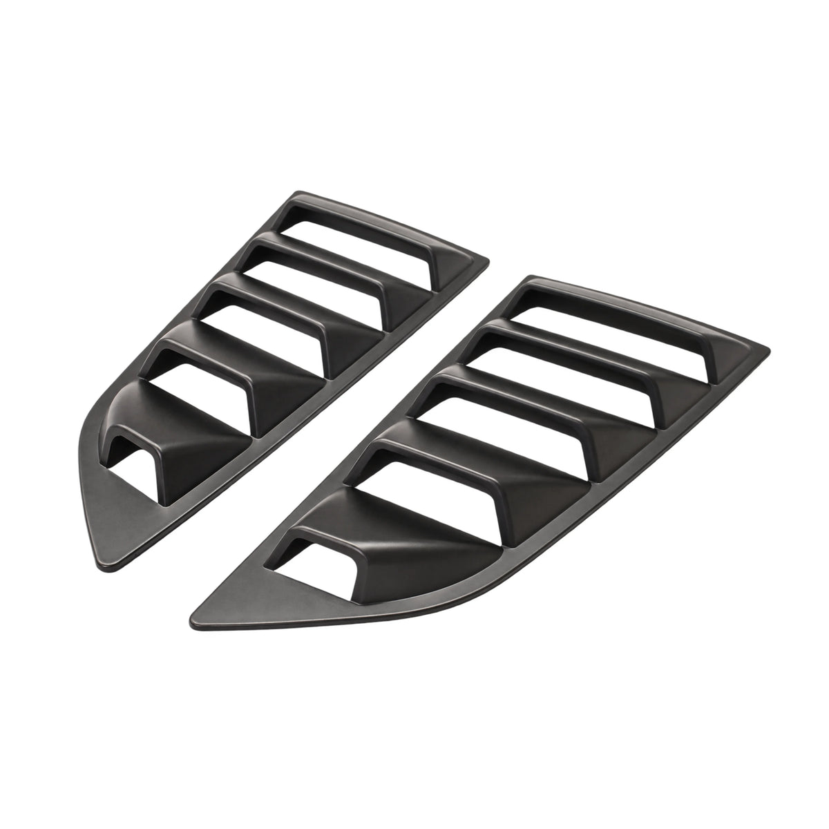 Black rear side window louver cover pair with angled vent slats and curved lip