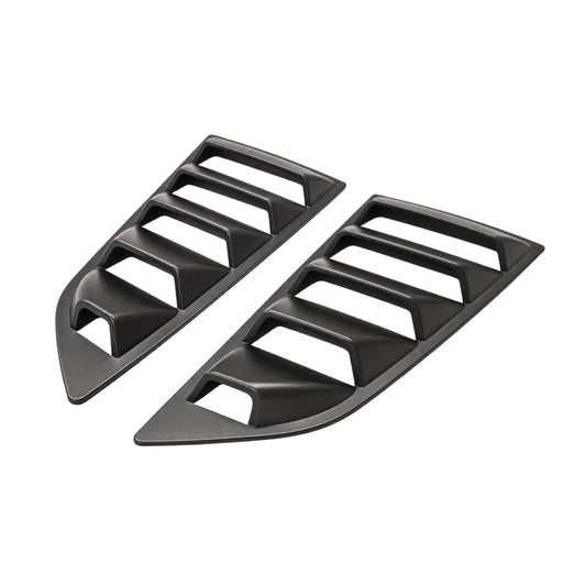 Black rear side window louver cover pair with angled vent slats and curved lip