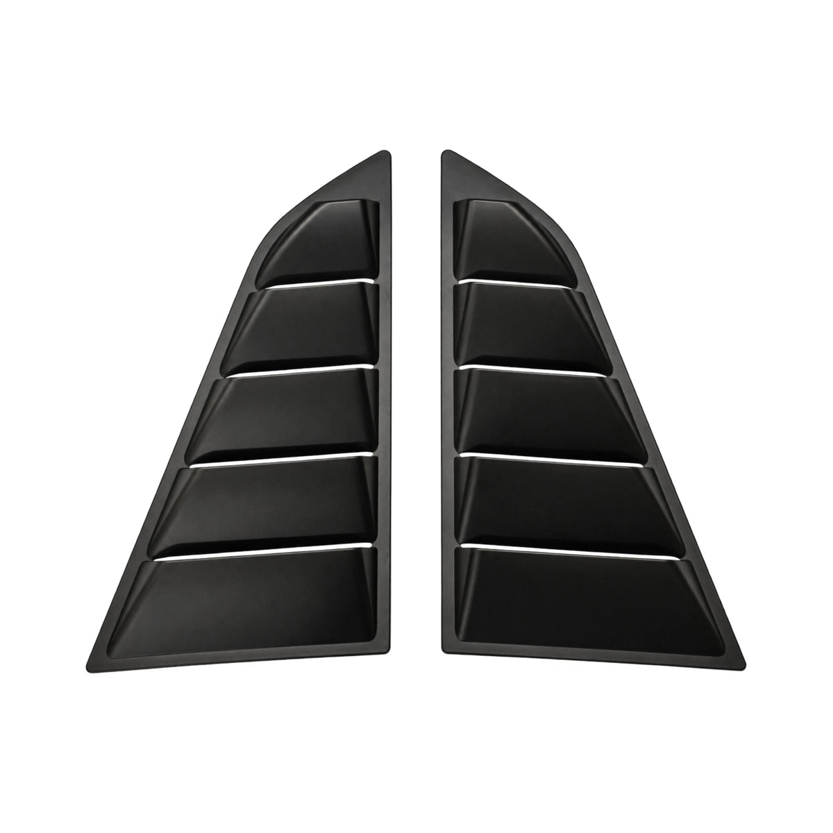Pair of black rear side window louver covers with stacked horizontal slats