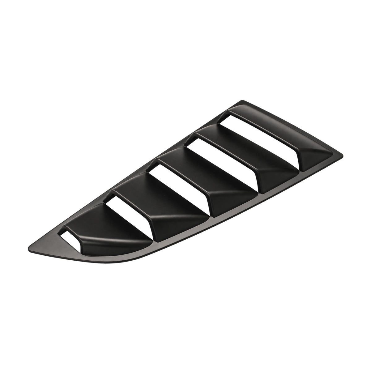 Black rear side window louver cover with vented slats and curved end edge