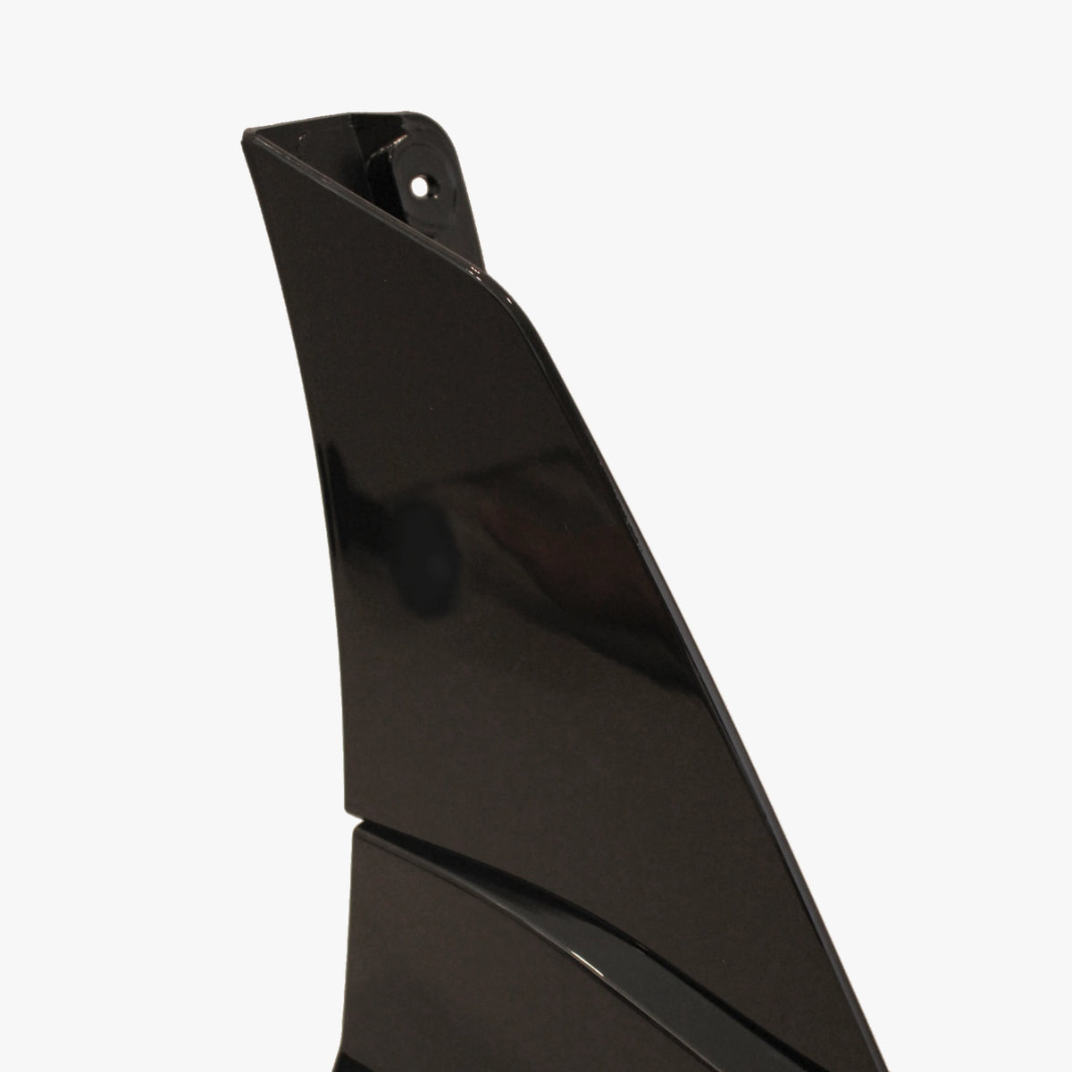 Black front splitter end bracket with mounting hole and curved lip