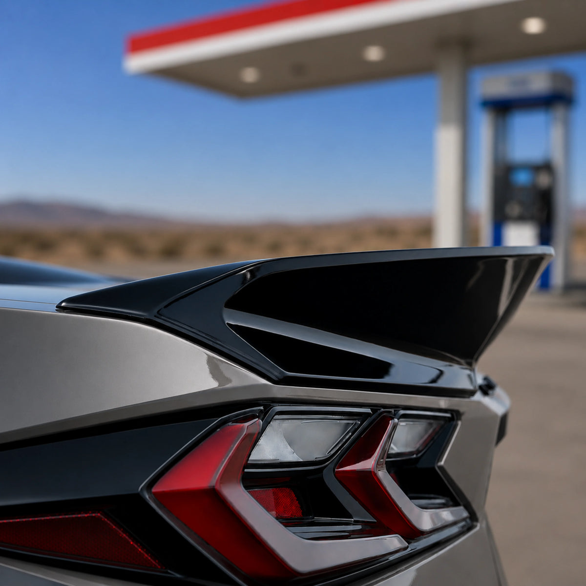 Rear ducktail spoiler detail with glossy black finish near taillights