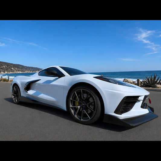 Corvette C8 Stingray 5VM side skirts, dark aero fins for lower rocker panels