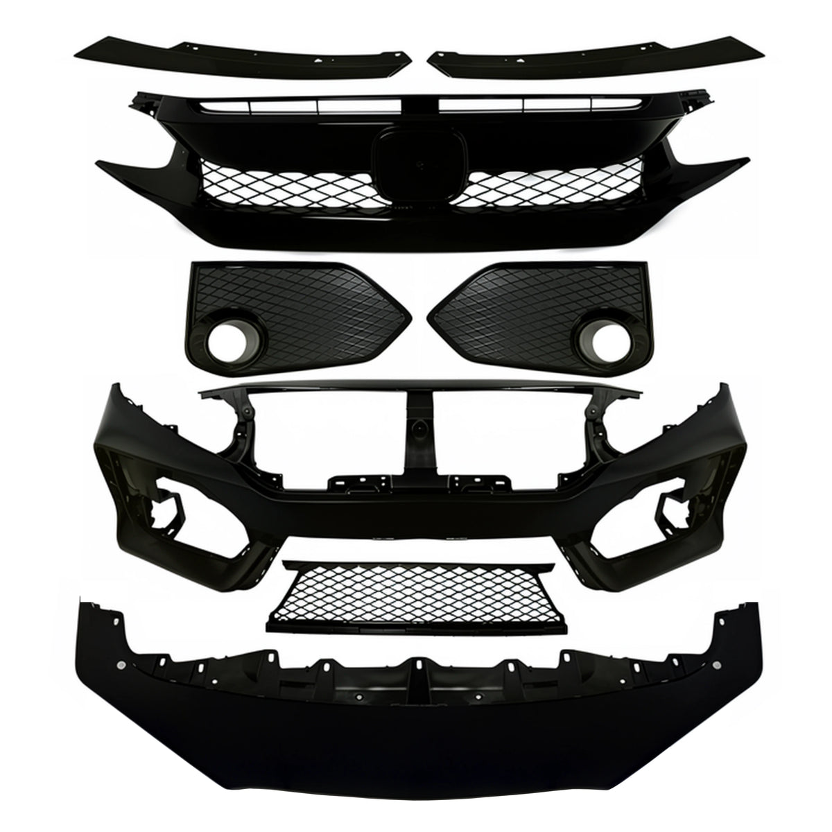 Honda Civic Type R style bumper kit parts: grille, mesh inserts, side vents