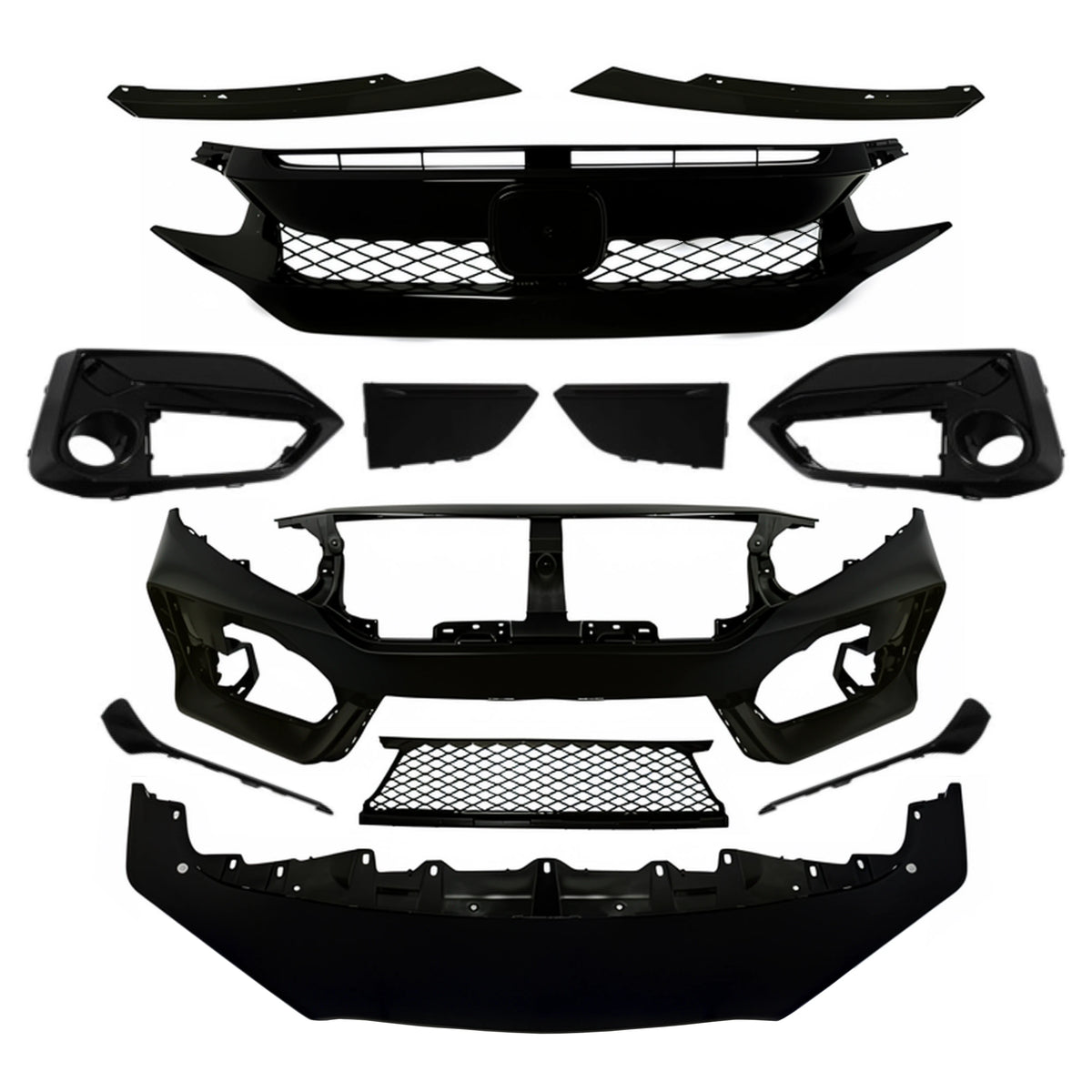 Front bumper conversion kit components for Honda Civic Type R, black plastic parts