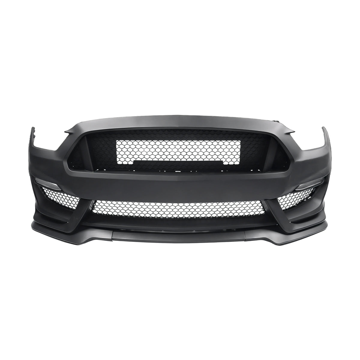 Front bumper with central mesh grille and side intakes, dark gray/black