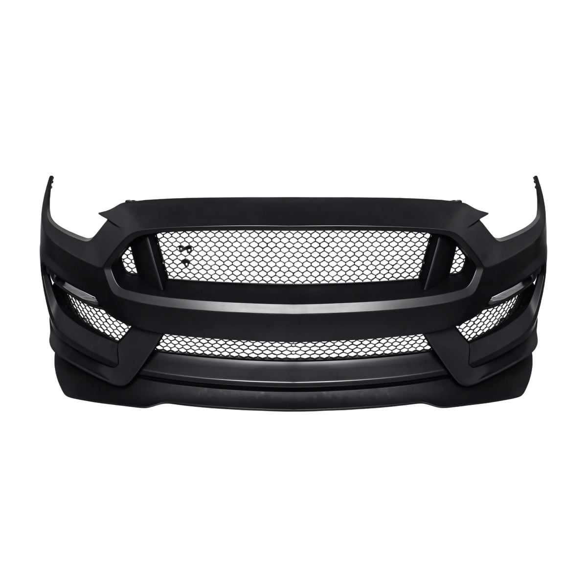 Black front bumper conversion kit with mesh grille openings and fog light cutouts