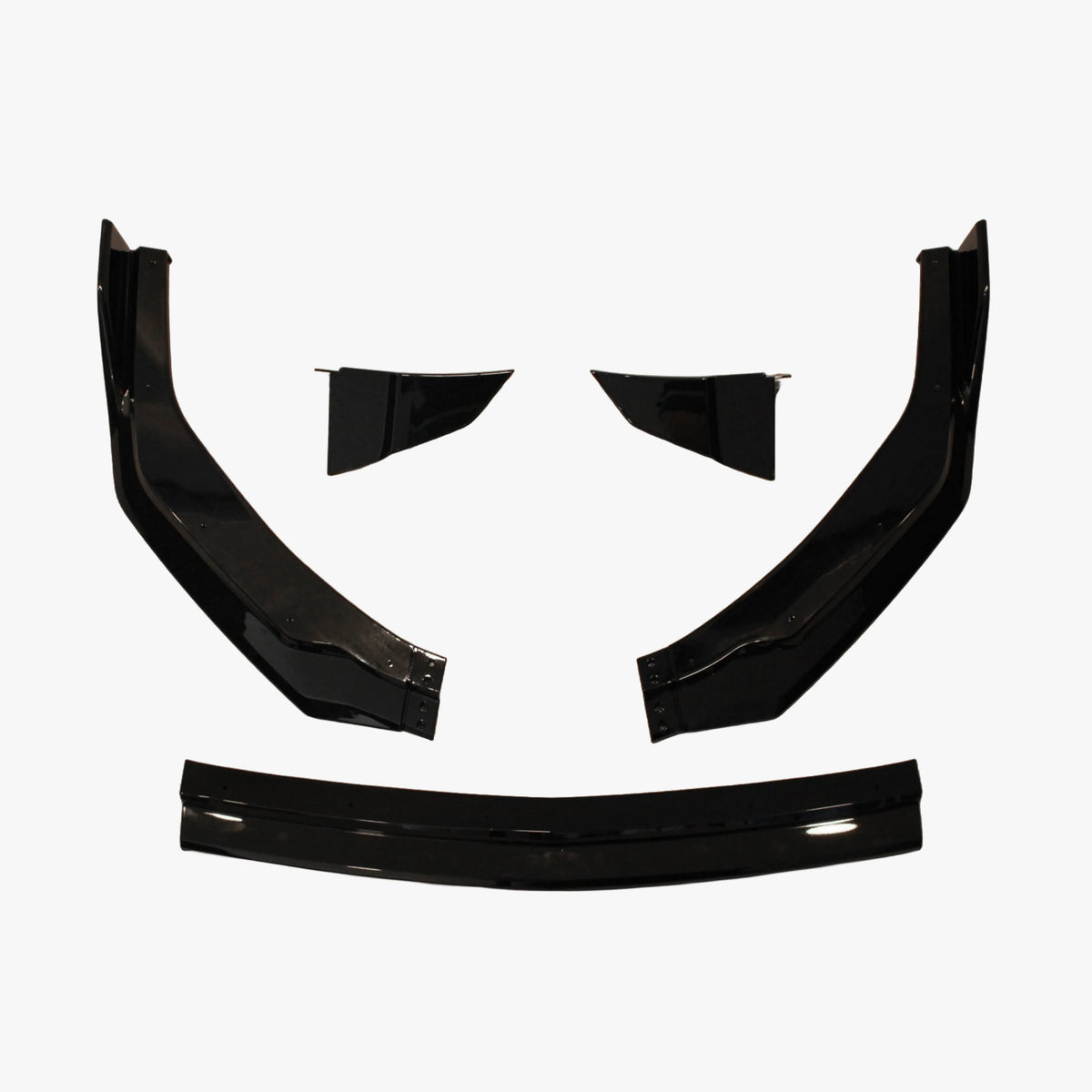 Set of black front lip splitter pieces with curved wing sections